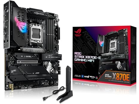 ASUS ROG Strix X870E-E Gaming WiFi, AMD ATX motherboard, 18+2+2 power stages, DDR5 slots, five M.2 slots, PCIe 5.0 with full support for next-gen GPUs, WiFi 7, USB 20G w/PD 3.0 up to 30W