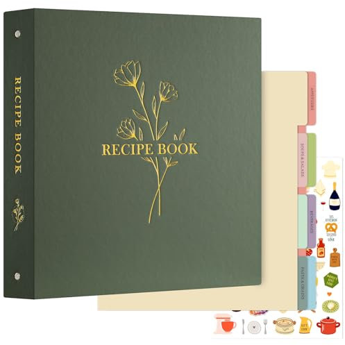 Lanpn A4 Recipe Binder Kit, Green, 116 Pages, 30 x 32 cm, 3 Ring, Waterproof, 60 Sleeves, 8 Dividers, Labels, Stickers, Blank Recipe Journal