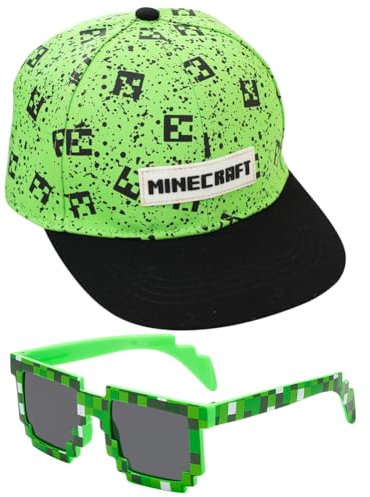 Miinnecraft Kinder Baseball Cap, 2PCS Baseballkappe und Sonnenbrille Sonnenschutz Cap Schirmmütze Baseballmütze Einstellbare Kappe Cartoon Snapback Cap Sonnenbrillen Set für Kinder Ab 2 Jahren