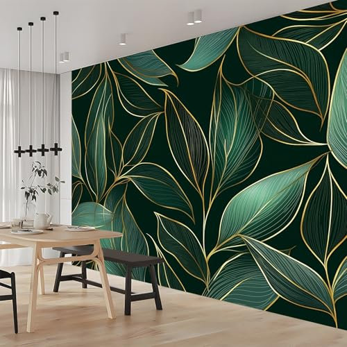 Papel de Pared Líneas Plantas Hojas Papel Tapiz Fotográfico No Tejido 300 x 210 cm Cafe, Restaurant Dormitorio Decoración De Papel Tapiz Mural El Hoga Murales Papel Pintado Verde