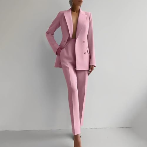 Trendy Women's Casual Suit with Long Sleeve Jacket and High Waist Trousers for Street and Office Styles (XXL Pink)