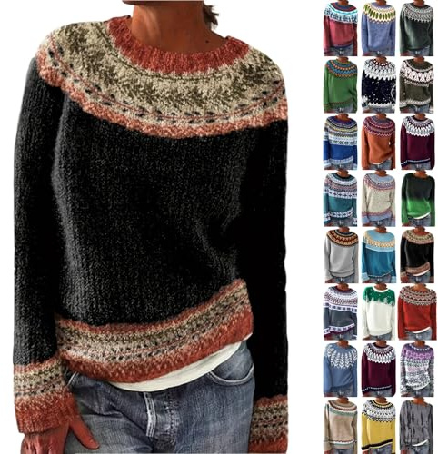 Maglioni norvegesi da donna, invernali, oversize, a maniche lunghe, girocollo, maglione lavorato a maglia, maglione da donna, a maniche lunghe, invernale, caldo, top, grandi taglie, motivo norvegese