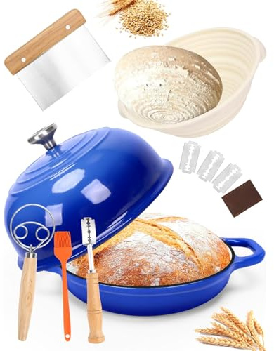 GFTIME Gjutjärnsgryta med lock, brödgryta med skyddskorg, degskärare, degmixer, surdegsbakning för kök, braising, 5 liter, blå