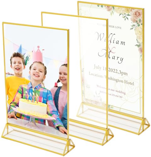 LOLANIUT Marco de fotos A5 acrílico dorado, 3 unidades, soporte para tarjetas de mesa A5, marco de fotos acrílico para soporte de tarjetas de menú de restaurante, números de mesa de boda