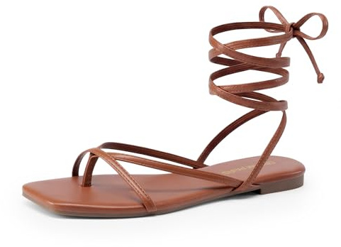 DREAM PAIRS Women's Strappy Flat Sandals - Comfortable Lace Up Gladiator Dressy Sandals, Square Toe Tie Up Walking Sandal, Summer Wrap Up Vocation Sandal Mermaid Shoes,Size 8,Brown,SDFS26010W