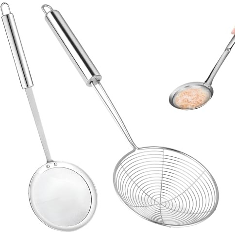 2 Pezzi Schiumarola Acciaio Inox, Mestoli Cucina, Colino Acciaio Inox Maglia Fine, per Scolare Pasta/Cucinare/Frire, Utensile Resistente alla Ruggine e Duratura