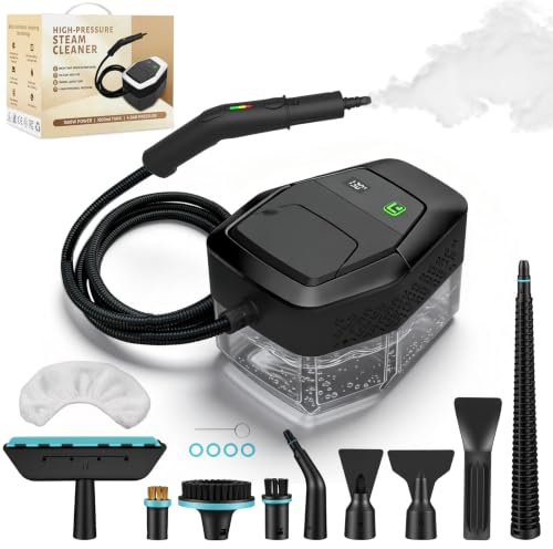 Vaporeta limpieza hogar, limpiador de vapor portátil 1500W, vaporeta de mano calentamiento rápido en 15s, depósito de agua de 1,8 L, con 12 accesorios para coches, negro (Mantenga 3s para comenzar)