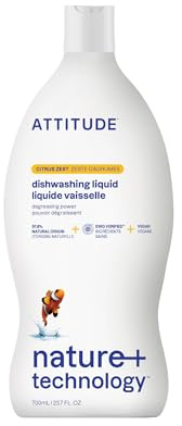 ATTITUDE Washing Up Liquid, EWG Verified, Plant-Based & Vegan Dish Soap, Naturally Derived, Citrus Zest Scent, 700 mL