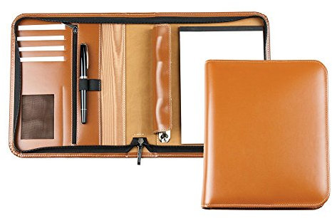 DELMON VARONE - Personalisierbare Ringbuch Schreibmappe DIN A5 aus Cambridge Top Grain Leder braun, Ringbuchmappe mit Notizblock, Stiftschlaufe, Einsteckfächer, 4-Ring Combimechanik & Reißverschluss