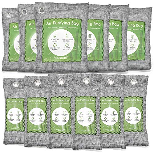 Paquete de 12 bolsas purificadoras de aire de bambú, bolsas de carbón activado absorbente de olores, absorbente de humedad, ambientador natural para automóvil, desodorante para zapatos(6x50g, 6x150g)