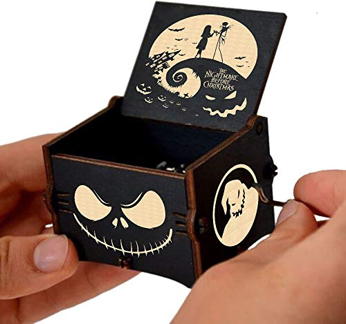 Cuzit This is Halloween Tune Wood Music Box Toy The Nightmare Before Christmas Hand Crank Engraved Vintage Wooden Musical Box Toy Gifts for Halloween Birthday Christmas Valentine