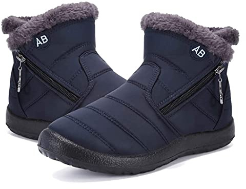 Maxome Womens Winter Snow Boots Ladies Waterproof Fur Lined Ankle Walking Boots Womens Warm Shoes Side Zipper Lightweight Outdoor Anti-Slip Girls Booties Blue