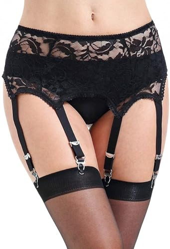 KLONKEE Cinturón de tirantes sexy hasta el muslo con 6 correas anchas, clip de metal para mujer (el liguero se vende por separado de las medias), Liguero de encaje negro, M