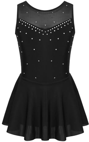 Hedmy Kids Girls Sleeveless Figure Ice Skating Ballet Dance Tutu Leotard Dress Gymnastics Skater Dancer Sparkly Costume Black 11-12 Years