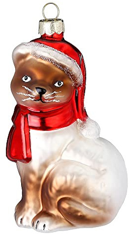 Inge-glas Christbaumschmuck Glas 10cm Katze mit Mütze und Schal Weihnachtskugeln Hauskatze braun