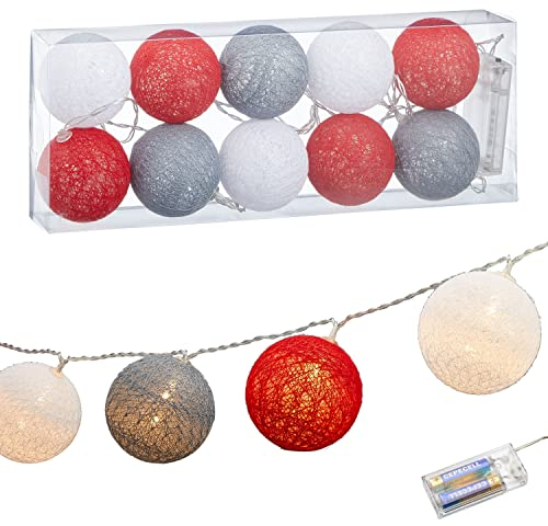LED Lichterkette Cottonball │ Ø6cm weiß grau rot │Beleuchtung Leuchtbälle (1 x Cottonball Ø6cm weiß grau rot)