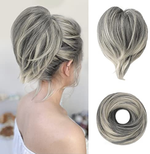BARSDAR Moños Postizos, Liso Corta Cola de Caballo Moños Postizos Pelo para Mujeres Sintético Elástico Moño de Pelo Postizo - Gris Oscuro con Blanco Tips