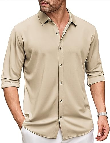 COOFANDY Chemise Homme Manches Longues Regular Fit Button Down Shirts Repassage Facile Chemise Loisirs Business Shirts Kaki Clair XXL