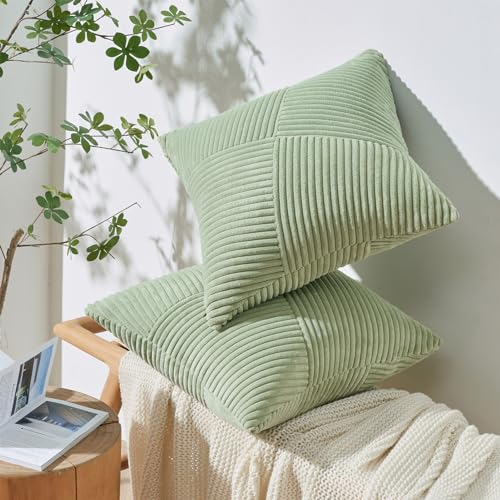 Topfinel Kissenbezug Grün 50x50 Kordsamt 2er Set Windmühle Streifen Muster Kissenbezüge Kissenhülle Zierkissenbezüge Deko für Sofakissen Couchkissen Wohnzimmer Couch Sofa Frühling Sommer