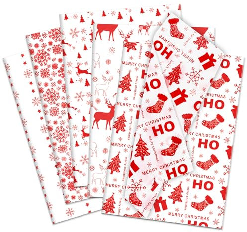 Larcenciel Weihnachten Seidenpapier 50 Blatt, Rot Weiß Seidenpapier Verpackungsmaterial für Geschenktüten & Füllmaterial, Matt Transparentpapier mit Schneemann Muster für Party, Neujahr, 50x35CM
