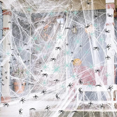 Halloween Deko Spinnennetz, 480g Weiß Dehnbare Spinnenweben Deko mit 100 Horror Schwarz, 75m² Spinnenweben Spray Halloween für Garten Tür Fenster Häuser Spukhaus Party