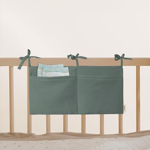 Babybett Aufbewahrungstasche aus 100% Baumwolle Musselin, für das Beistellbett, Babybett, Kinderbett. Ideal zum Verstauen von Windeln, Schnullern (Forest)