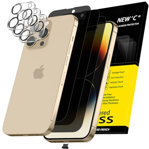 NEW'C 3x Privacy for iPhone 14 Pro Max Screen Protector (6.7 inches)+ 3x Camera Lens Protector, Sensor Protection, Tempered Glass Film + Dust Plug - Enhanced Privacy Angle of 28 Degrees