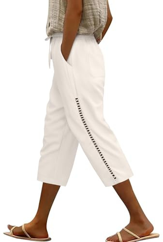 Voqeen Linen Trousers for Women With Drawstring Elastic Waist, Lightweight Summer Capri Pants, Casual Hollow 3/4 Length Beach Pants With Pockets