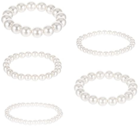 Ouligay 5 Stück Perlenarmband Damen Weiß Perlen Armband Perle Armbänder Braut Hochzeit Vintage Perlenarmbänder Stapelbare Faux Pearl Bracelet Perlen Armbänder (4/6/8/10/12mm)