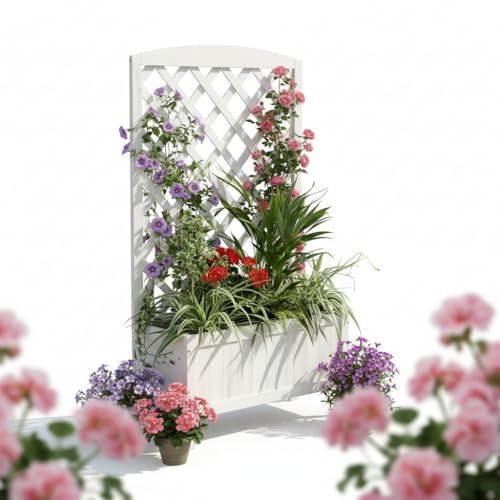 Mucola Rankgitter Weiß Pflanzkasten aus Holz Spalier mit Blumenkasten Rankhilfe Deal für Kletterpflanzen Pflanzkübel Blumenkübel mit Sichtschutz Hochbeet