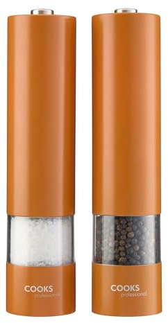 Cooks Professional Electric Salt and Pepper Mill Set | Battery Operated Automatic Grinders with Adjustable Course & Fine Grinding & One Touch Operation | Condiment Seasoning Grinder | Orange