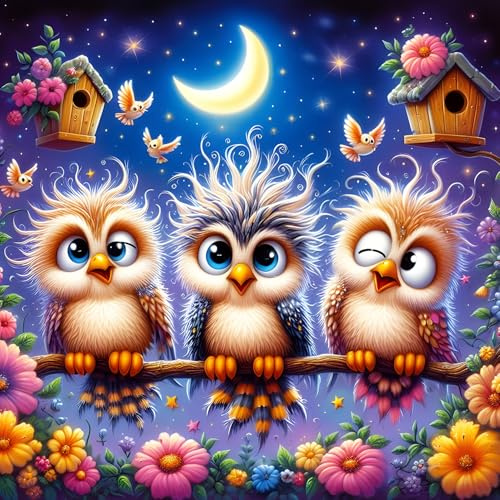 DPHERO Cartoon Owl Diamond Painting Kits for Beginners Adults,5D DIY Moon Birdie Diamond Art Kits,Round Full Drill Flowers Gem Art Crafts Kits,DIY Painting by Numbers for Home Wall Decor 12x12 inch