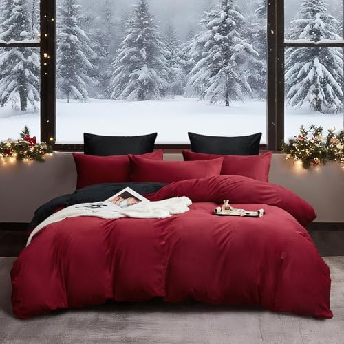 YASMENG Copripiumino in flanella 220 x 240 cm, invernale, caldo, rosso, vino, nero, pile, set da letto in flanella, morbido e morbido, morbido, biancheria da letto matrimoniale, con cerniera e federe