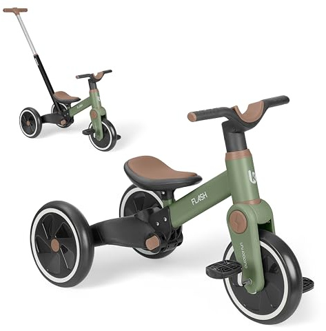 KikkaBoo Tricycle Bébé Évolutif 5 en 1 Flash, Vélo sans Pédales et Draisienne Évolutive, Poignée Parentale Réglable, Roues EVA, Cadre en Acier, 1,5 à 4 Ans, Vert Militaire, Enfant