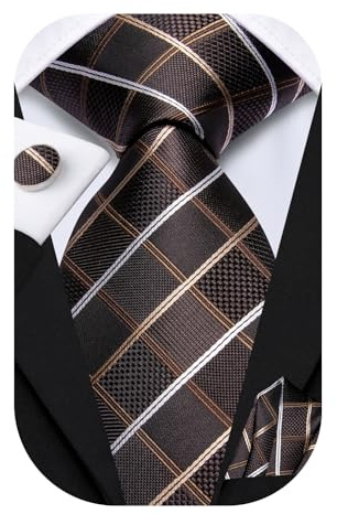 Dubulle Silk Coffee Brown Ties Set for Men Paisley Floral Striped Silk Mens Necktie and Handkerchief Cufflinks Wedding