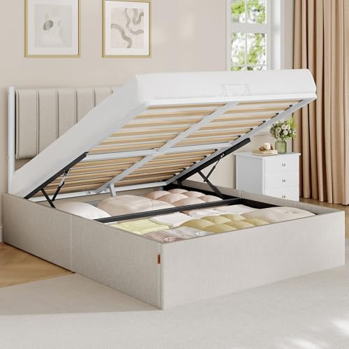 VASAGLE Lit Coffre 140 x 190 cm, Cadre de Lit, 2 Personnes, Sommier Relevable, avec Rangement, Système Hydraulique, Moderne et Minimaliste, Montage Facile, Beige Cappuccino RMB613LH01