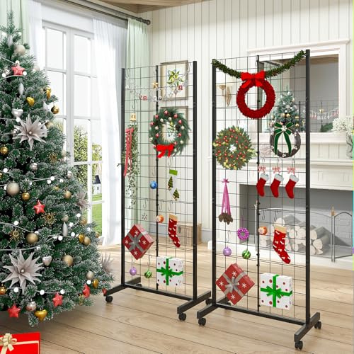 2PCS 160*61cm Gridwall Display Rack with Wheels,Floorstanding Wire Gridwall Panels,Black Metal Grid Wall Panel Tower with Hooks&Clips, Movable Space-saving Display Stand for Craft Art Fair Retail Show