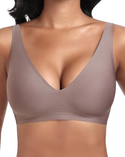 Cavotor Deep V Wireless Bras for Women Comfort Support Seamless Soft Padded Jelly Bra for Small and Large Breasts Smooth Bralette with Extra Extender (Coffee,XL)
