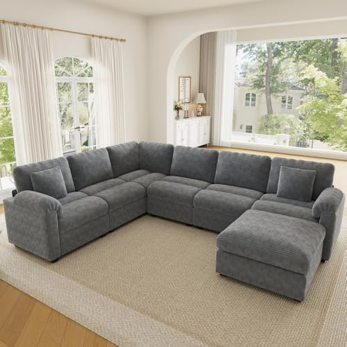 Sapgaks Canapé d'angle modulable en Forme de U ou de L,canapé 7 Places en Velours côtelé avec Coussins, Pouf séparé,canapé Multifonctionnel et spacieux,pour Le Salon et la Chambre