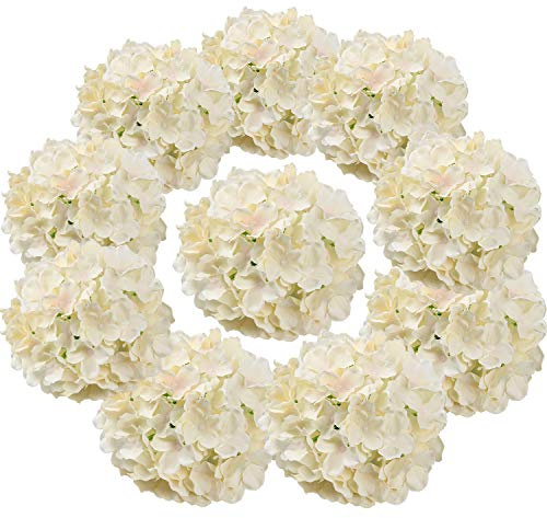 Flojery Silk Hydrangea Heads Artificial Flowers Heads with Stems for Home Wedding Decor,Pack of 10 (Champagne)