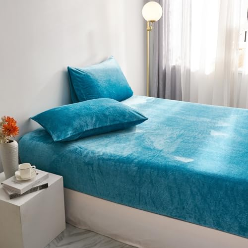 Luofanfei Winter Spannbettlaken 120x200cm Warm Flanell Frottee Seeblau Blau Samt Warme Plüsch Bettlaken Spannbetttuch Fleece Kuschelige Cashmere Touch Leintuch für Boxspringbett Steghöhe 30