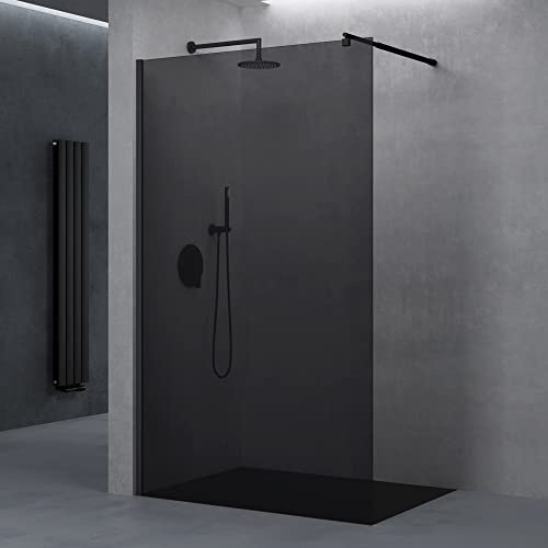 doporro Box Doccia Walk-In 100x200 cm, Parete Doccia Fissa in Vetro Temperato Fumé 8 mm con Barra Stabilizzatrice Regolabile e Profilo Nero Opaco – Bremen01VG