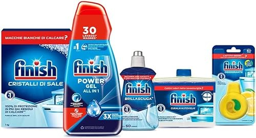 Finish Kit Lavastoviglie; Powergel Detersivo Lavastoviglie Fresh 30 Lavaggi, Brillantante Regular 250ml, Curalavastoviglie regular 250ml, Cristalli di Sale 1kg, Deodorante