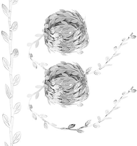 PATIKIL 22 Yards Silver Leaf Ribbon, Leaves Trim Rope Artificial Leaf String for Christmas Wreath Making Gift Wrapping Wedding Decoration, Style 8
