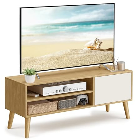 VASAGLE TV Unit, 120 cm Wide TV Stand Cabinet, for TVs up to 55 Inches, Entertainment Centre, Modern TV Console for Living Room, Bedroom, Lounge, Natural Oak and Cream White LTV120N01