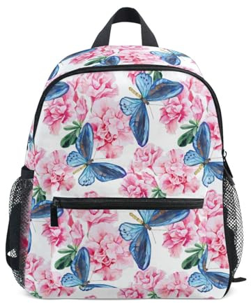 Caihoyu söt barnryggsäck tonåringar flickor vattentät dagisryggsäck med bröstband rosa azalea blå fjärilar handritad, Rosa azalea blå fjärilar handrita, Small