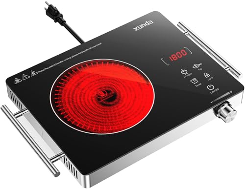 xunda 1800W Portable Electric Stove, 110v Electric Burner with Carry Handle Hot Plate, Ceramic Infrared Single Burner Cooktop, Touch & Knob Control Timer, Safety Lock (Black)