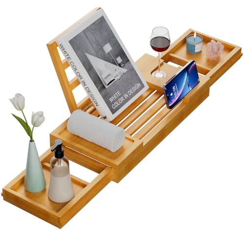 Yirilan Plateau de baignoire en bambou extensible pour 1 ou 2 personnes - Plateau de baignoire de luxe extensible - Planche de bain en bambou évolutif