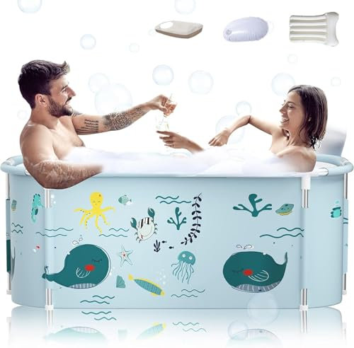 Baignoire pliable portable extra large de 140 cm avec cadre en métal pour adulte, baignoire SPA familiale avec couvercle pour petite salle de bain (Style océanique LK1)