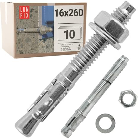 Boulons ancrage béton 16x260 10 pcs – Cheville molly acier zingué avec goujon, tige filetée, écrou, rondelle – Fixation charge lourde, vis béton, scellement chimique, Ancrage robuste Lun Fix